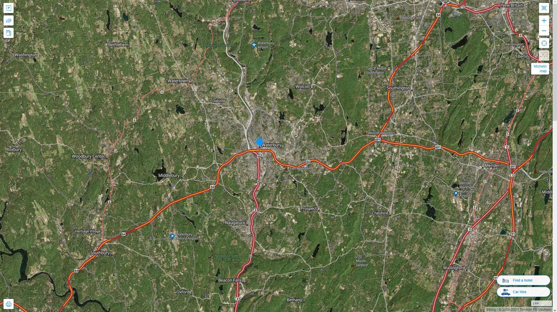 Waterbury Connecticut Highway and Road Map with Satellite View